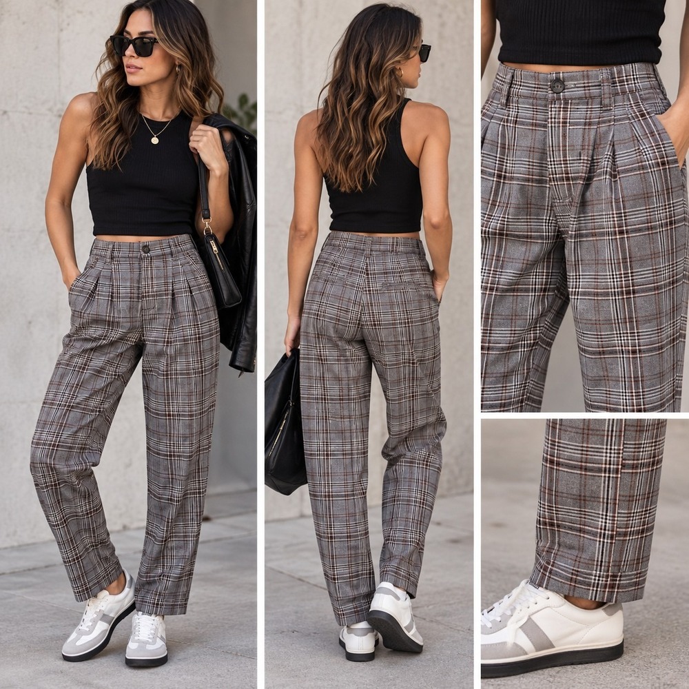 Cotton On Oxford Pleated Plaid Pants High-rise Straight Leg Semi-formal Preppy